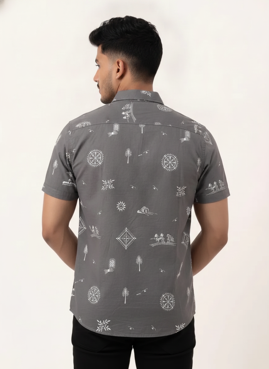 Slim Fit Cotton Leaf Printed S/S Shirt - Gray