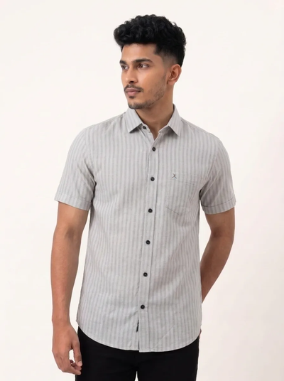 Regular Fit Cotton Linen Stripe S/S Shirt - Light Gray