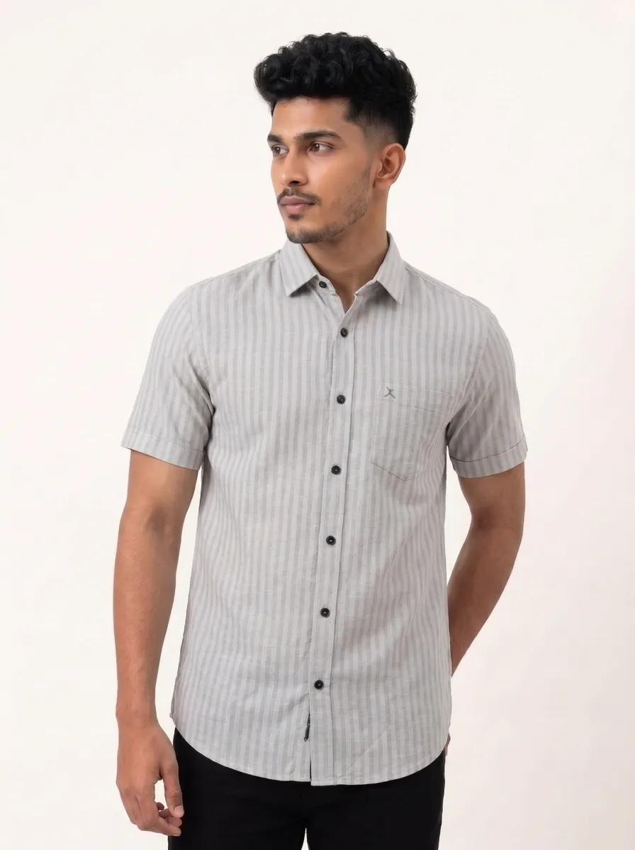 Regular Fit Cotton Linen Stripe S/S Shirt - Light Gray