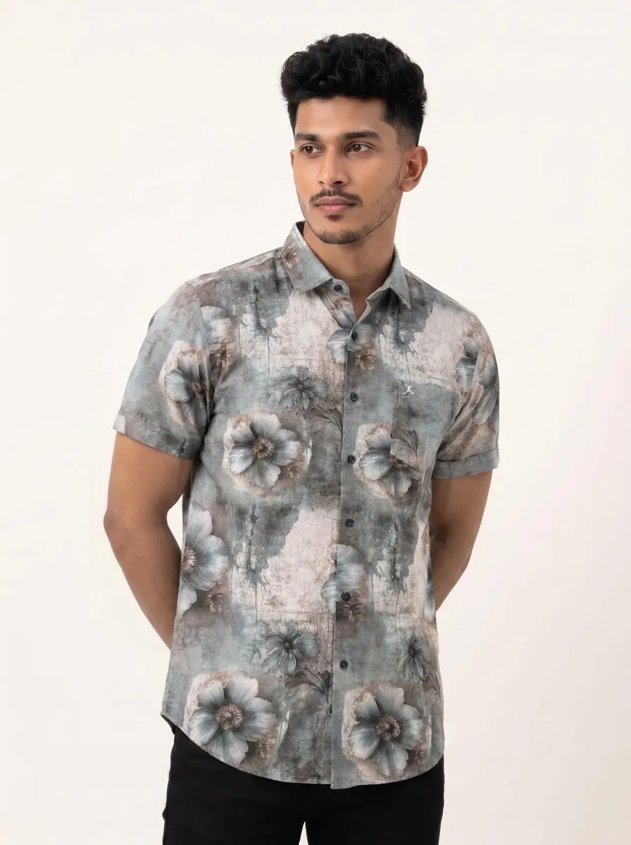 Slim Fit Cotton Printed S/S - Gray
