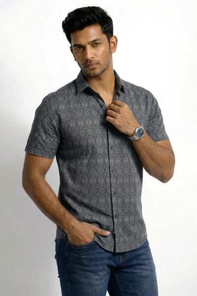 Slim Fit Cotton Linen Printed S/S Shirt
