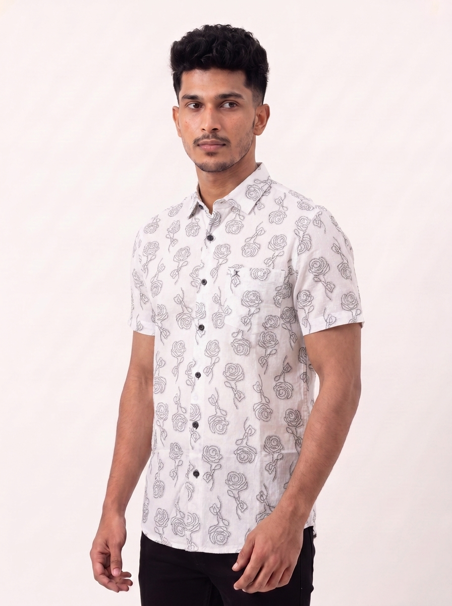 Slim Fit Cotton Floral Printed S/S Shirt - Gray