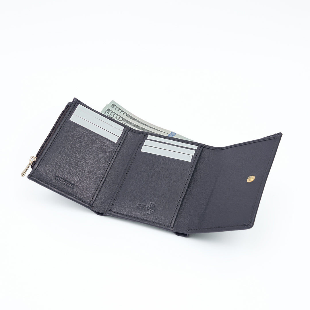 Italian Leather Ladies Tri Fold Wallet - Gray