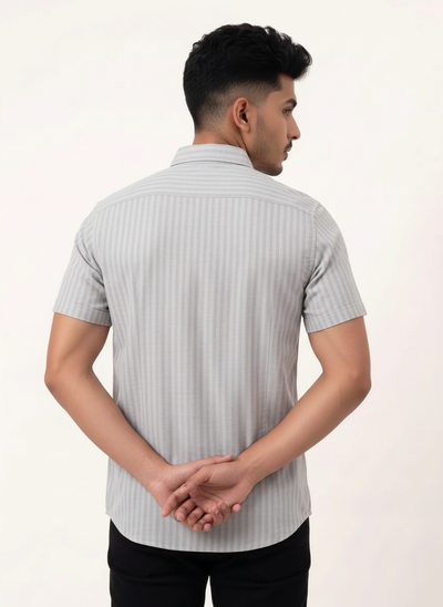 Regular Fit Cotton Linen Stripe S/S Shirt - Light Gray