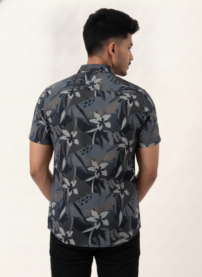 Slim Fit Cotton Printed S/S Shirt - Gray