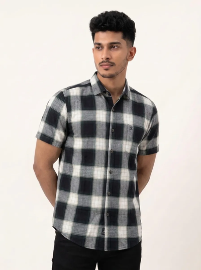Slim Fit Cotton Checks Shirt S/S - Green