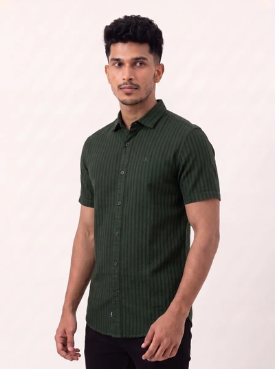 Slim Fit Cotton Linen Stripes S/S Shirt - Green