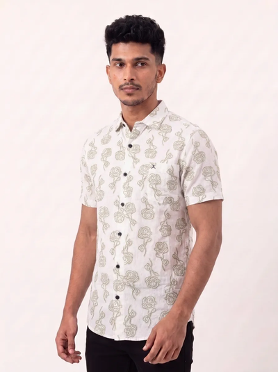 Slim Fit Cotton Floral Printed S/S Shirt - Green