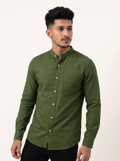 Slim Fit Cotton Linen L/S Shirt - Dark Green