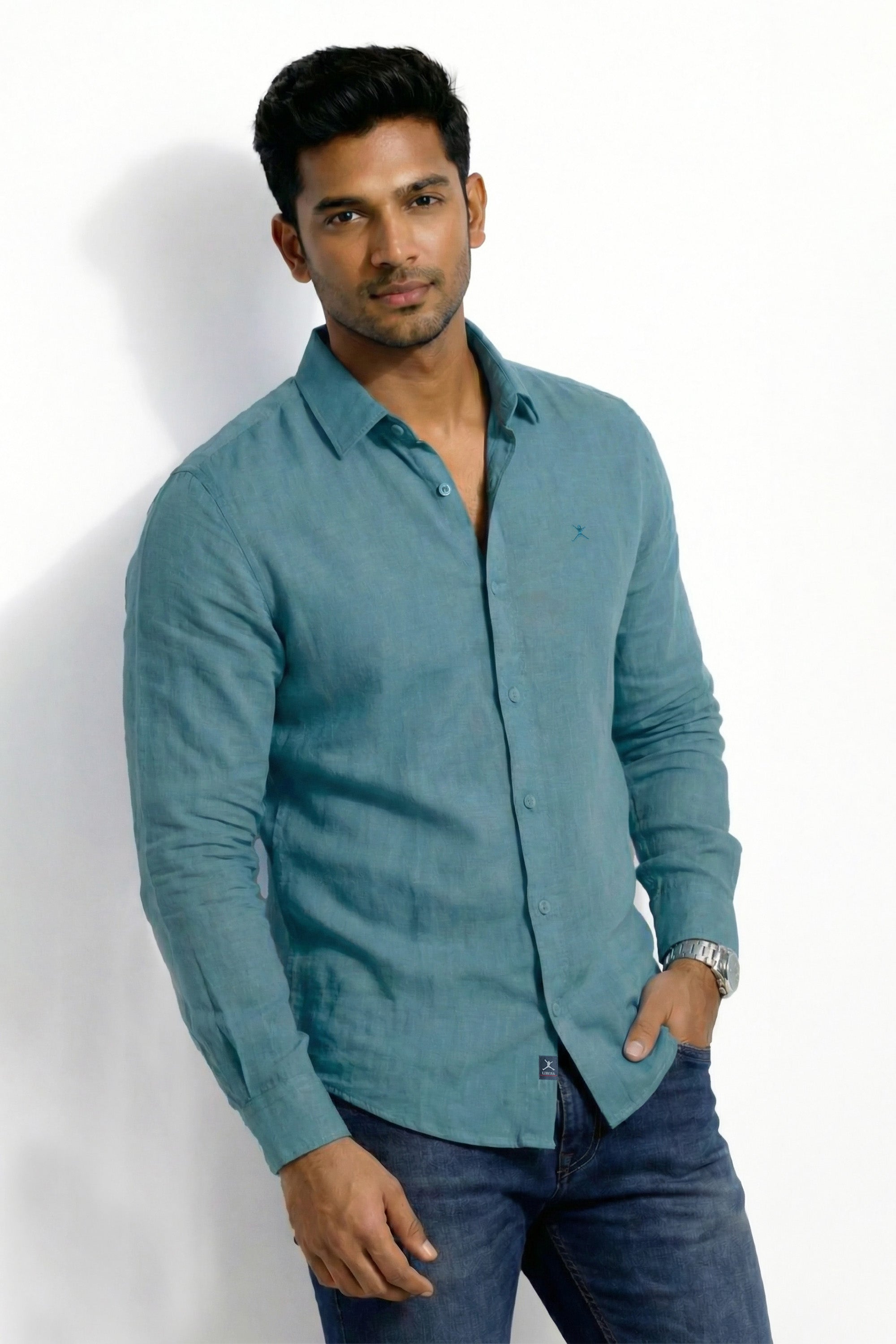 Slim Fit Cotton Linen Plain L/S Shirt