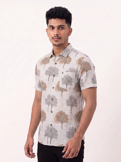 Slim Fit Cotton Printed S/S Shirt - Green