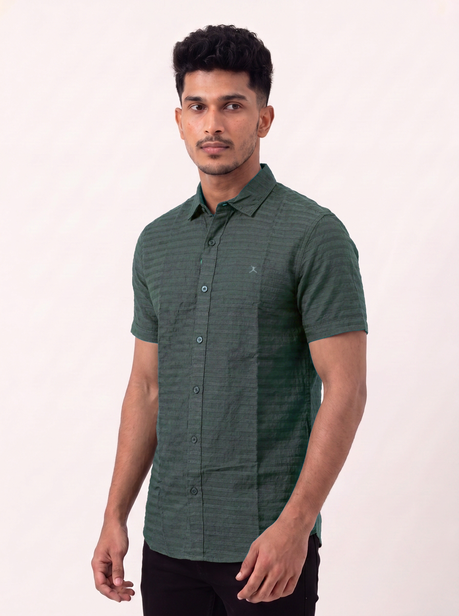 Slim Fit Cotton Stripes S/S Shirt - Green