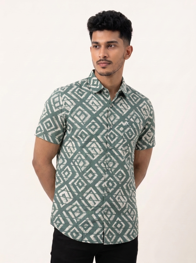 Slim Fit Cotton Printed Shirt S/S - Celadon Green