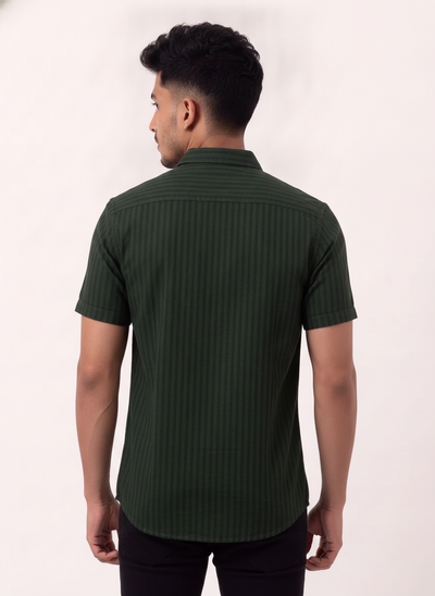 Slim Fit Cotton Linen Stripes S/S Shirt - Green