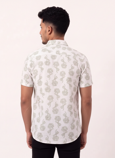 Slim Fit Cotton Floral Printed S/S Shirt - Green