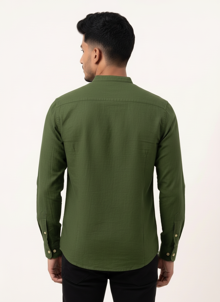 Slim Fit Cotton Linen L/S Shirt - Dark Green