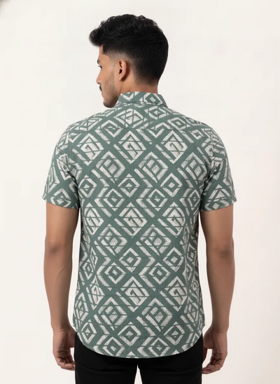 Slim Fit Cotton Printed Shirt S/S - Celadon Green