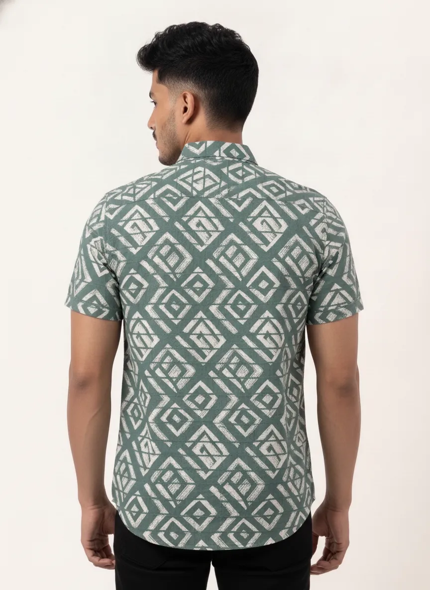 Slim Fit Cotton Printed Shirt S/S - Celadon Green