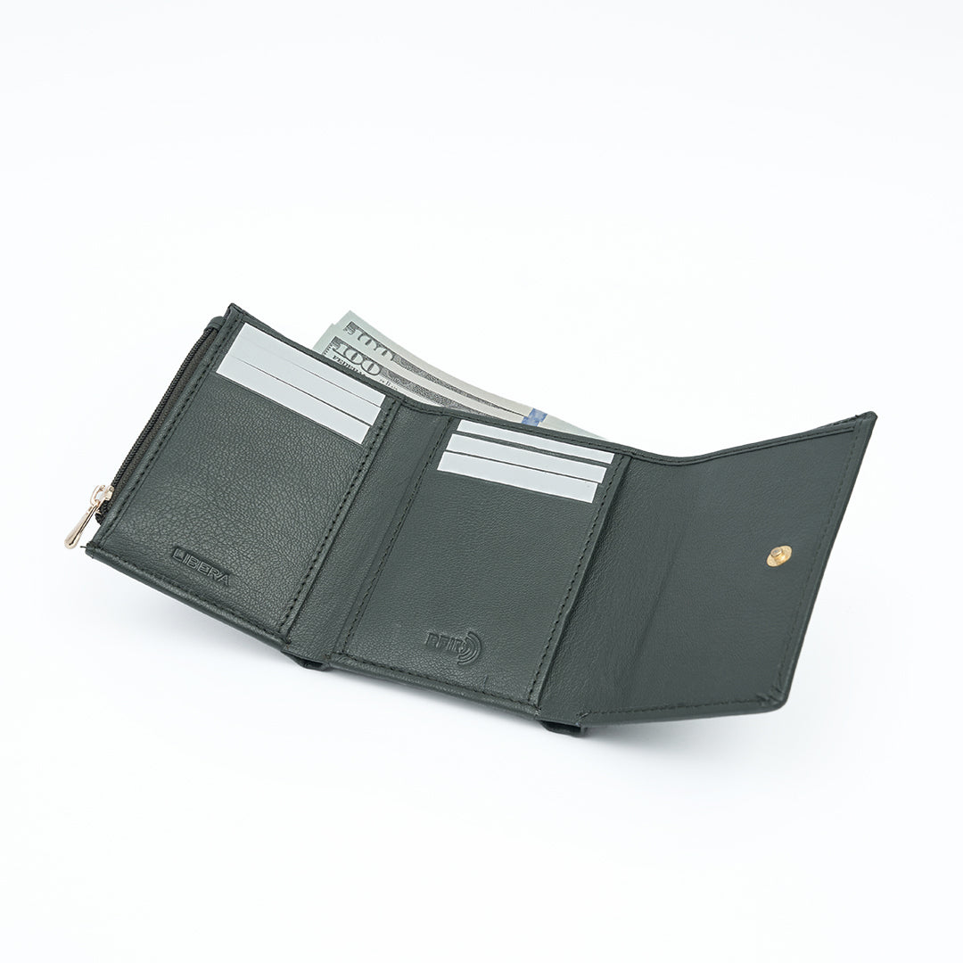 Italian Leather Ladies Tri Fold Wallet - Green