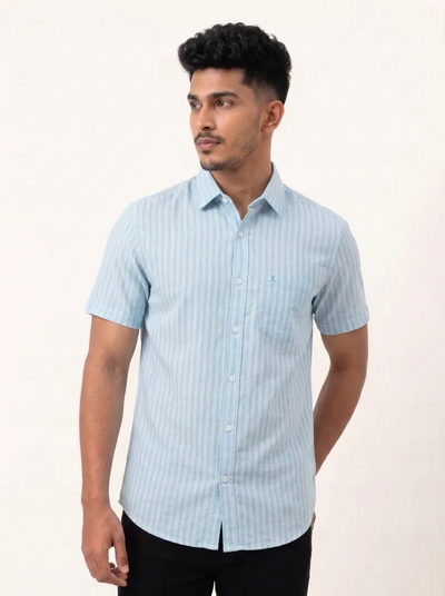 Regular Fit Cotton Linen Stripe S/S Shirt - Light Blue