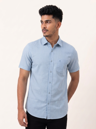 Slim Fit Cotton Stripe S/S Shirt - Light Blue