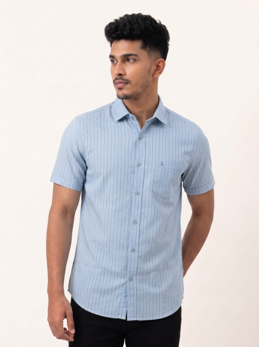 Slim Fit Cotton Stripe S/S Shirt - Light Blue