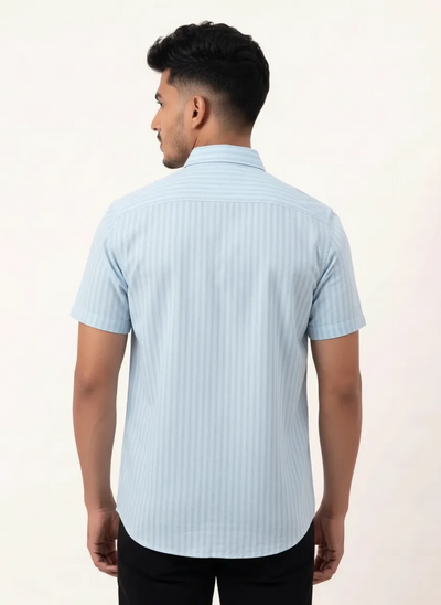 Regular Fit Cotton Linen Stripe S/S Shirt - Light Blue