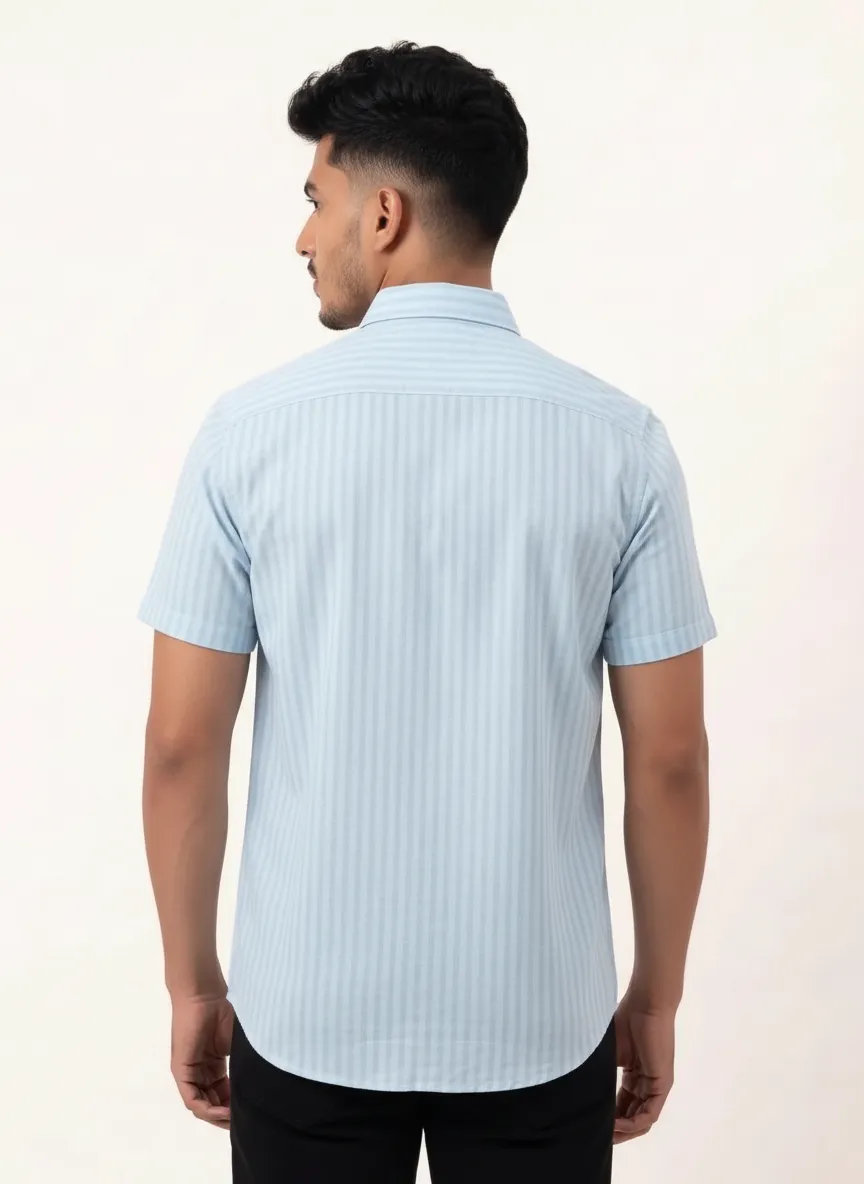 Regular Fit Cotton Linen Stripe S/S Shirt - Light Blue