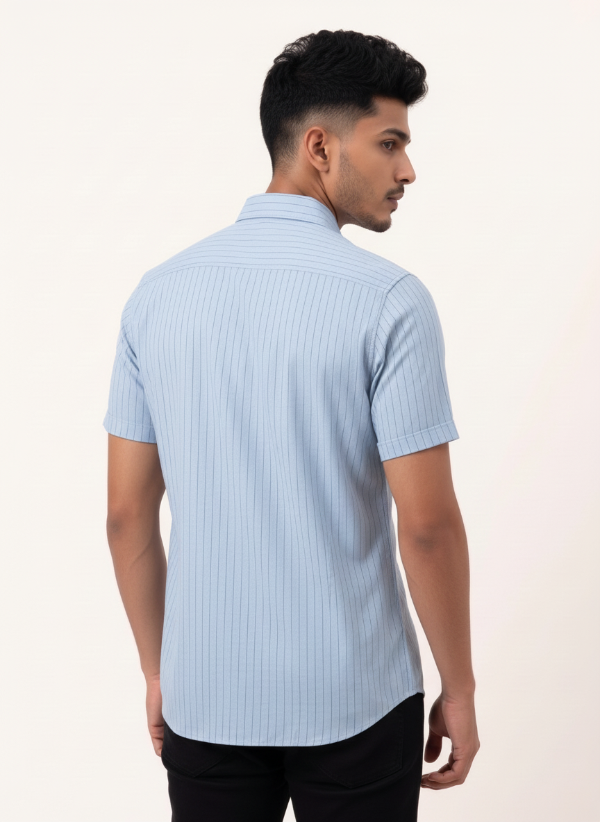 Slim Fit Cotton Stripe S/S Shirt - Light Blue