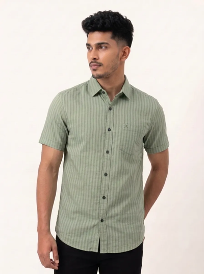 Regular Fit Cotton Linen Stripe S/S Shirt - Sage Green