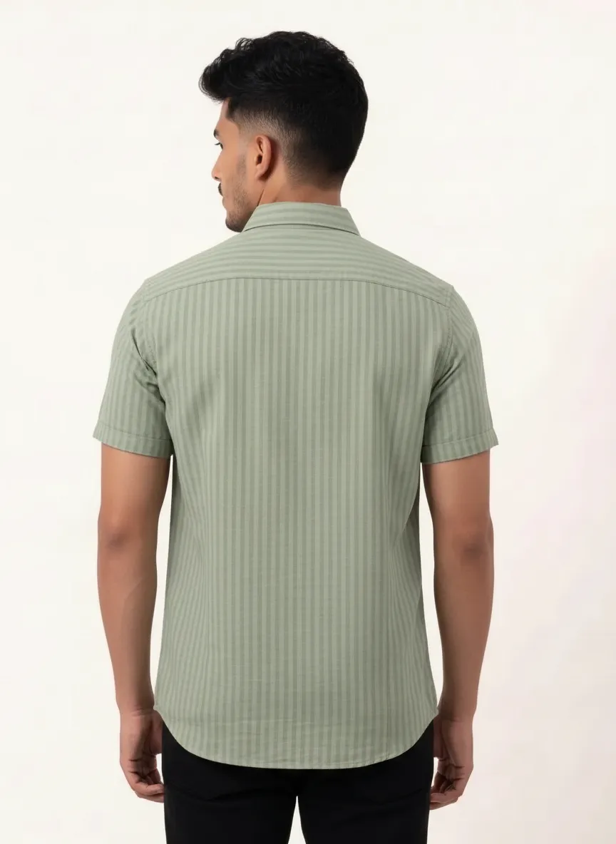 Regular Fit Cotton Linen Stripe S/S Shirt - Sage Green