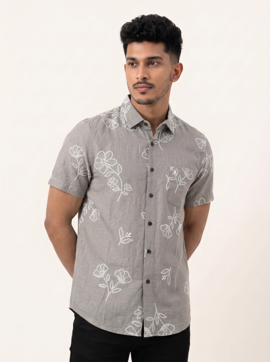 Slim Fit Cotton Floral Printed S/S Shirt - Light Gray