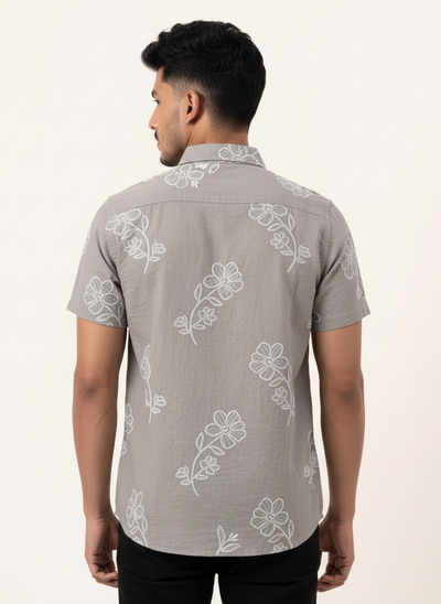 Slim Fit Cotton Floral Printed S/S Shirt - Light Gray