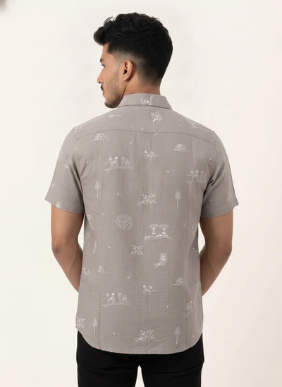 Slim Fit Cotton Leaf Printed S/S Shirt - Light Gray