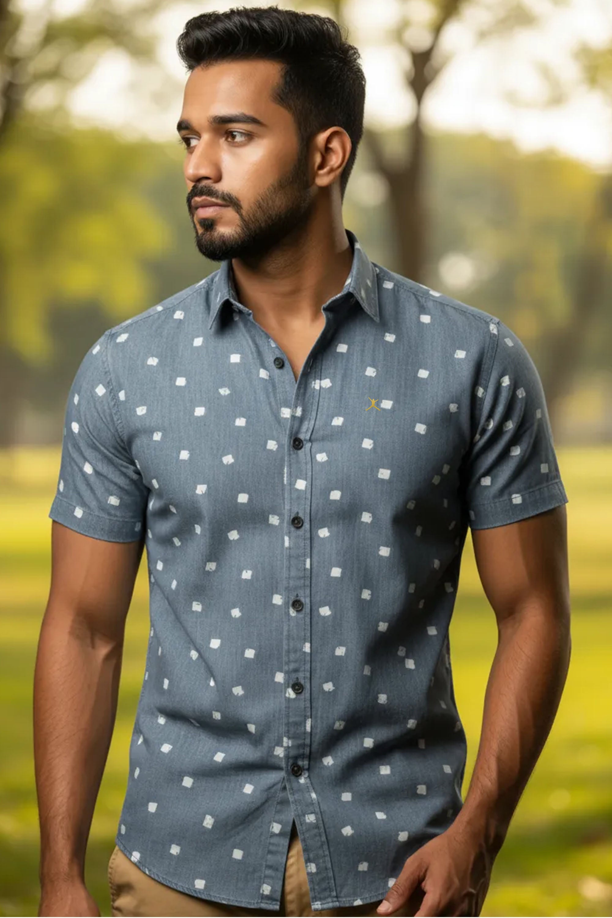 Slim Fit Denim Printed S/S Shirt