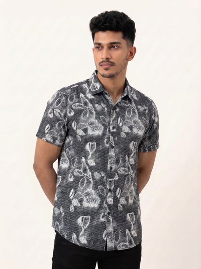 Slim Fit Cotton Printed S/S Shirt - Light Gray