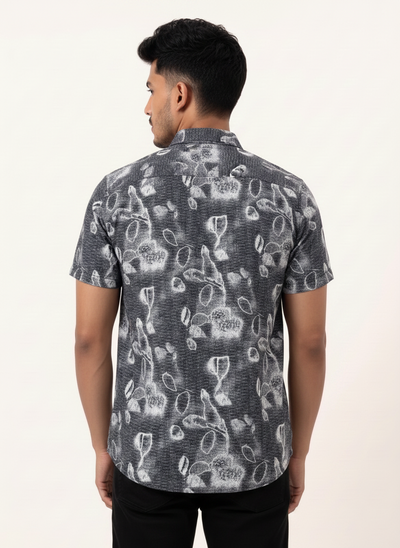Slim Fit Cotton Printed S/S Shirt - Light Gray
