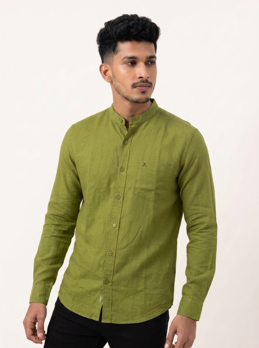 Slim Fit Cotton Linen L/S Shirt - Light Green