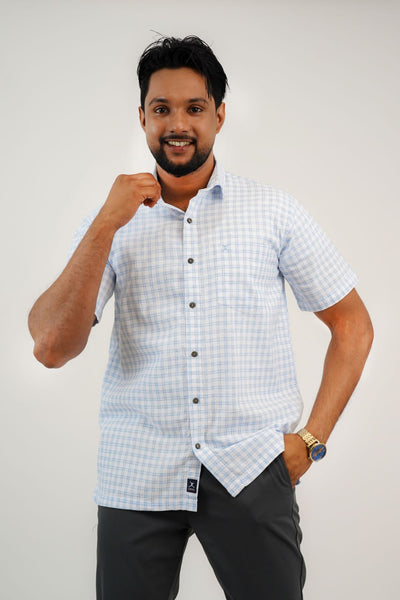 Regular Fit Linen Check Shirt - Light Blue