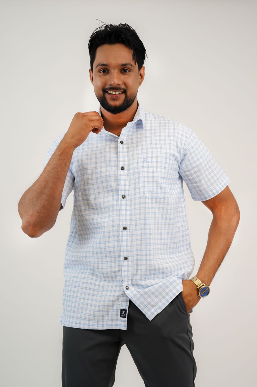 Regular Fit Linen Check Shirt - Light Blue