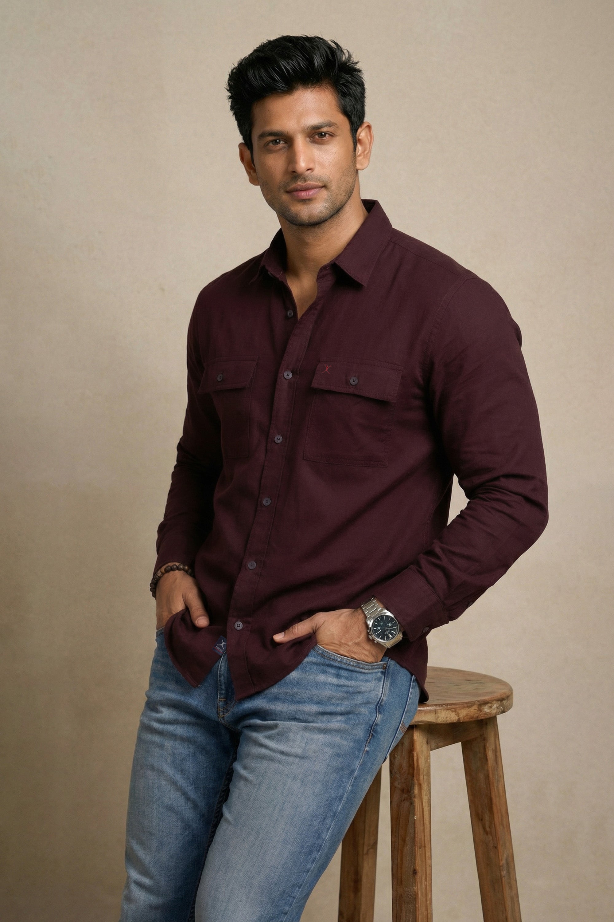 Slim Fit Cotton Double Pocket L/S Shirt