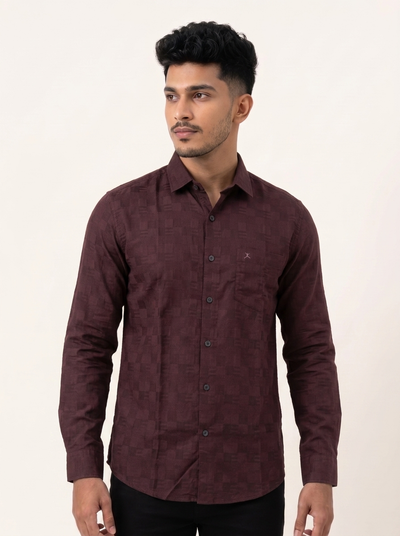 Slim Fit Cotton Plain L/S Shirt - Dark Maroon