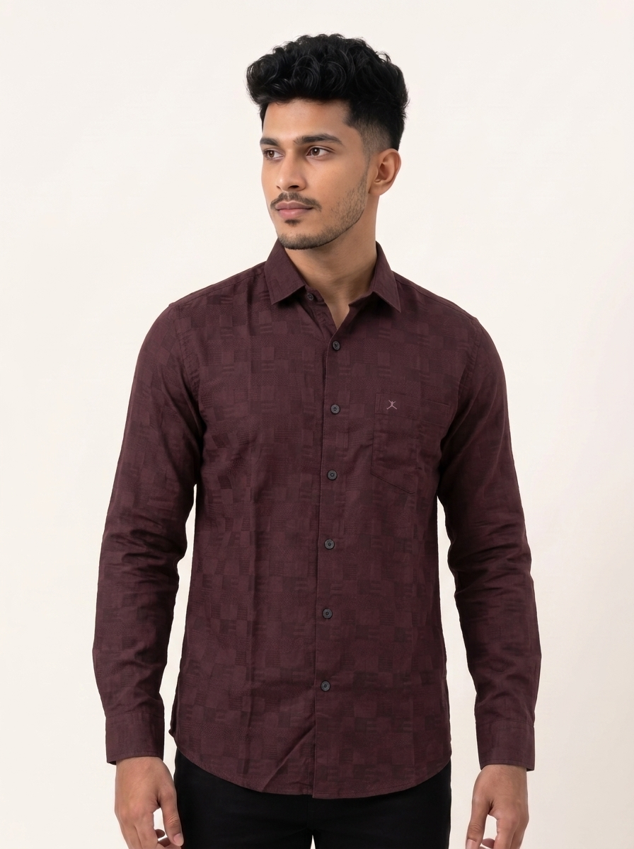 Slim Fit Cotton Plain L/S Shirt - Dark Maroon