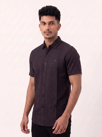 Slim Fit Cotton Stripes S/S Shirt - Maroon