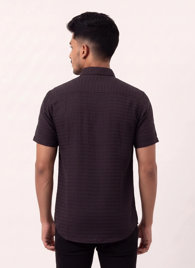 Slim Fit Cotton Stripes S/S Shirt - Maroon