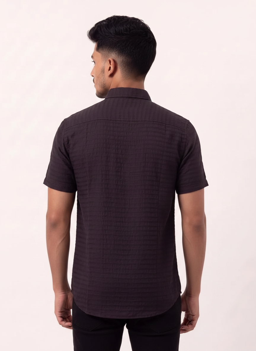 Slim Fit Cotton Stripes S/S Shirt - Maroon