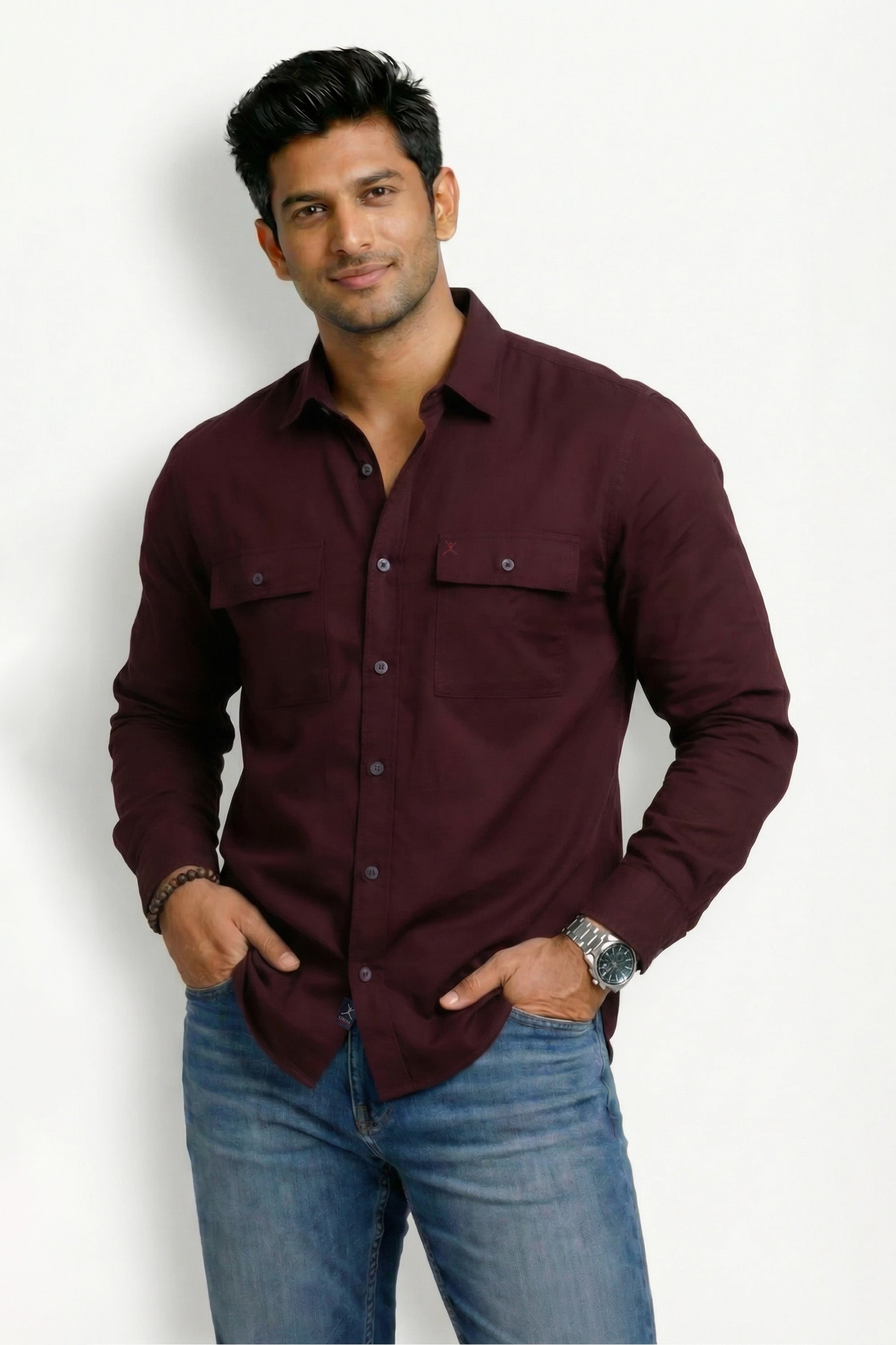 Slim Fit Cotton Double Pocket L/S Shirt