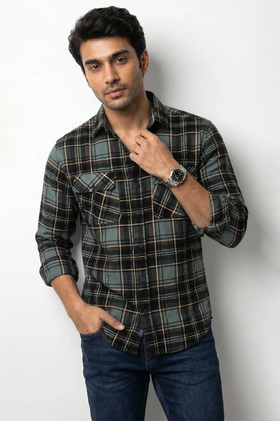Slim Fit Cotton Double Pocket Check L/S Shirt