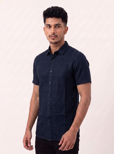 Slim Fit Cotton Plain S/S Shirt - Navy Blue