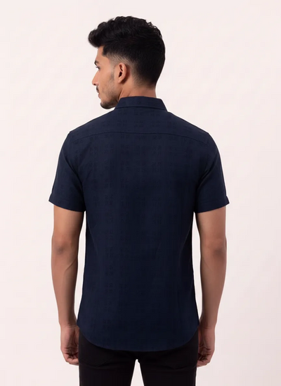 Slim Fit Cotton Plain S/S Shirt - Navy Blue